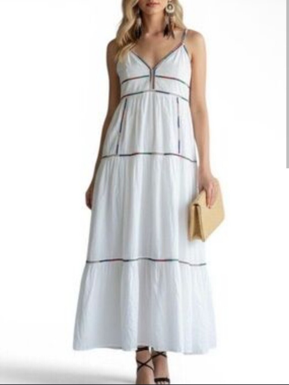 Caroline Canstas White Tiered Maxi Dress with Contrast Trim W/ Pockets_S